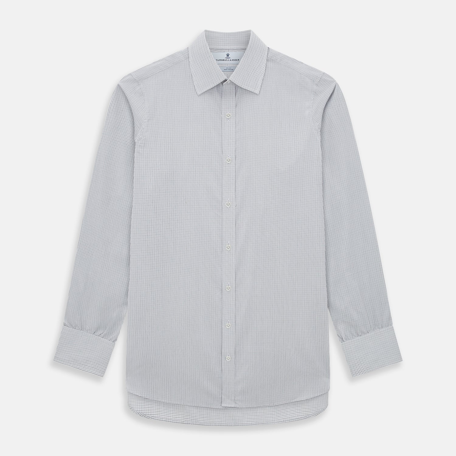 View 1 of product A tailored-fit Turnbull & Asser Mayfair Shirt in midnight blue with a grid check pattern, spread collar, and buttoned cuffs, crafted from premium Italian cotton and laid flat on a white background.