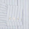 View 4 of product The Turnbull & Asser Blue Wide Pinstripe Mayfair Shirt is a long-sleeved, collared, button-down style crafted from organic cotton, featuring wide blue pinstripes on a white background.