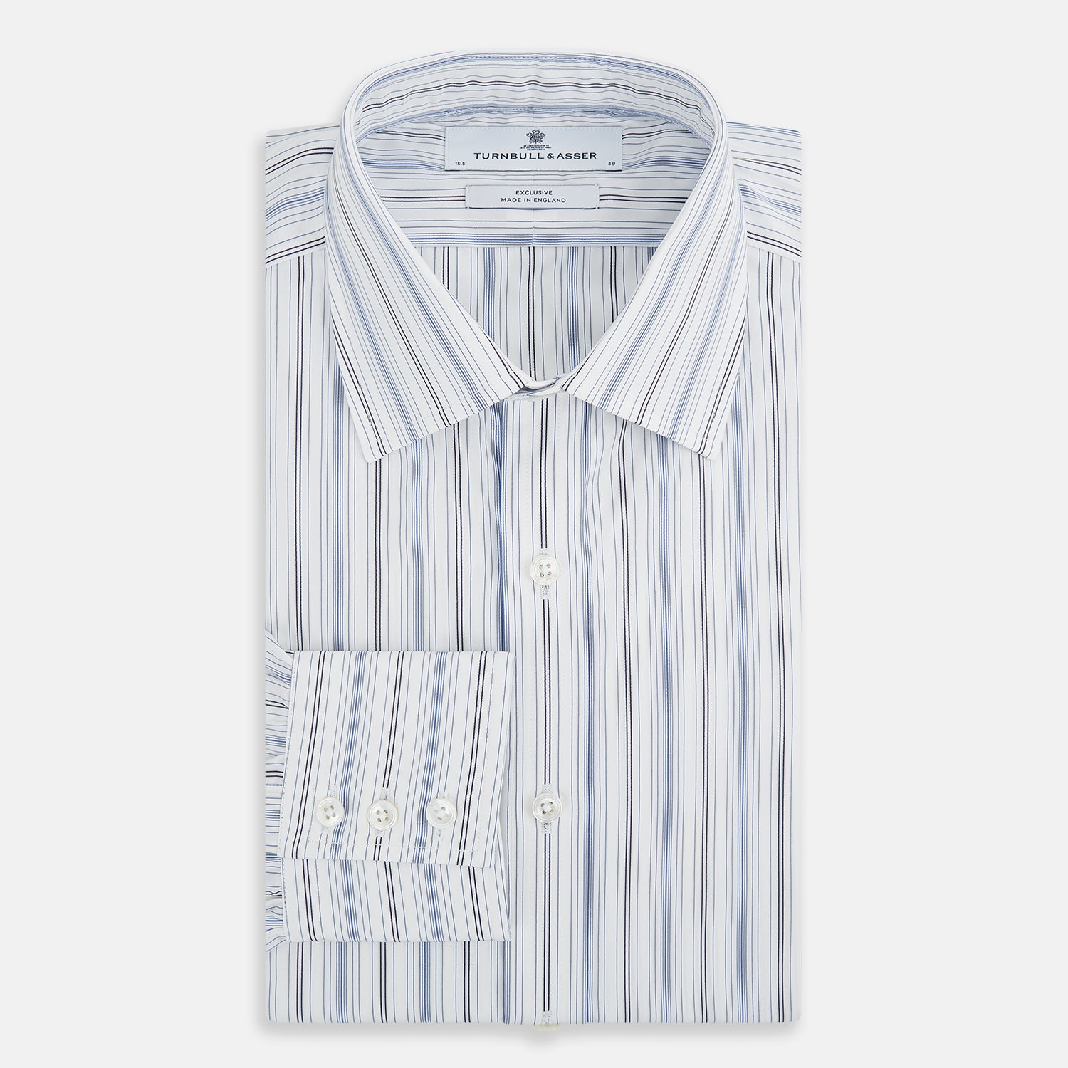 View 5 of product The Turnbull & Asser Navy and Blue Multi Stripe Mayfair Shirt features long sleeves, a T&A collar, and buttoned cuffs, shown against a white background.