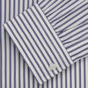 View 3 of product The Turnbull & Asser Navy Stripe Weekend Fit Shirt features a Derby collar, vertical navy and white stripes, 1-button cuffs, a chest pocket, and a regular fit, shown laid flat against a white background.