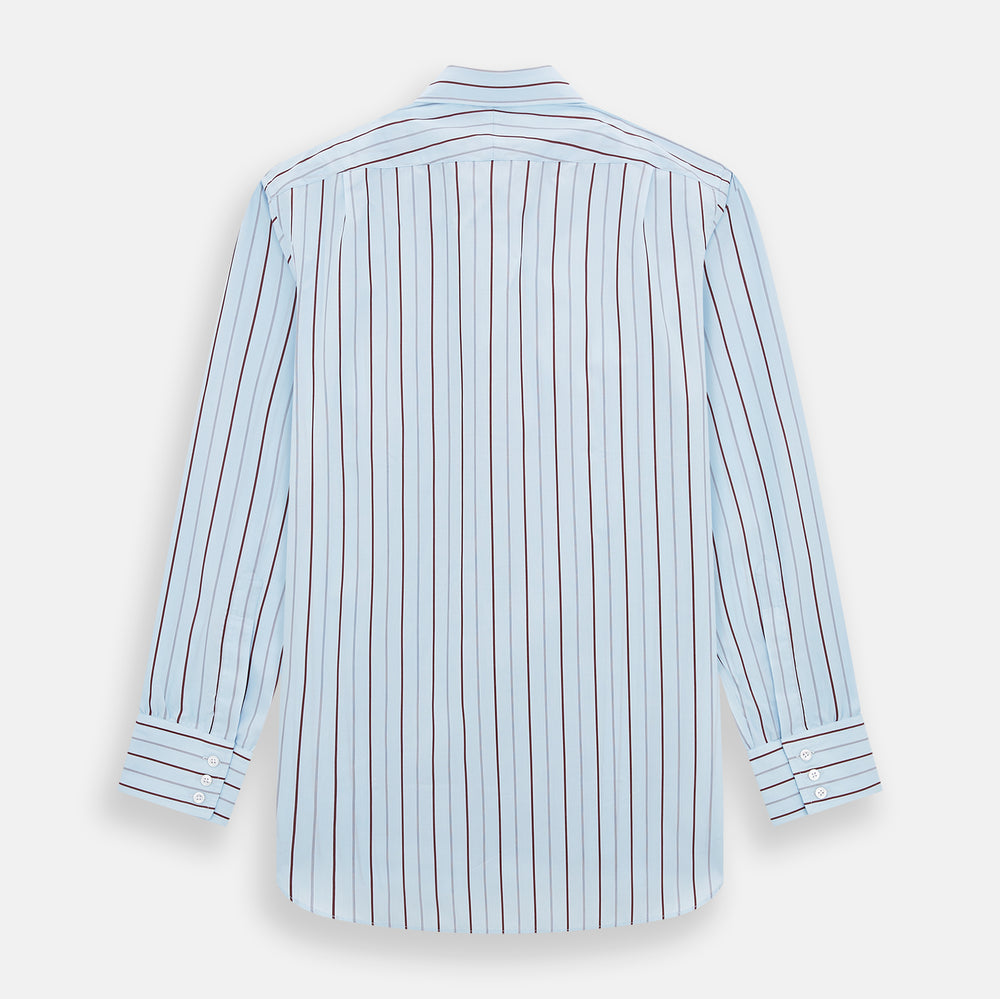 The Turnbull & Asser Burgundy Wide Pinstripe Mayfair Shirt features a collared, long-sleeve design with bold vertical stripes, crafted in the refined Mayfair fit and displayed on a plain white background.