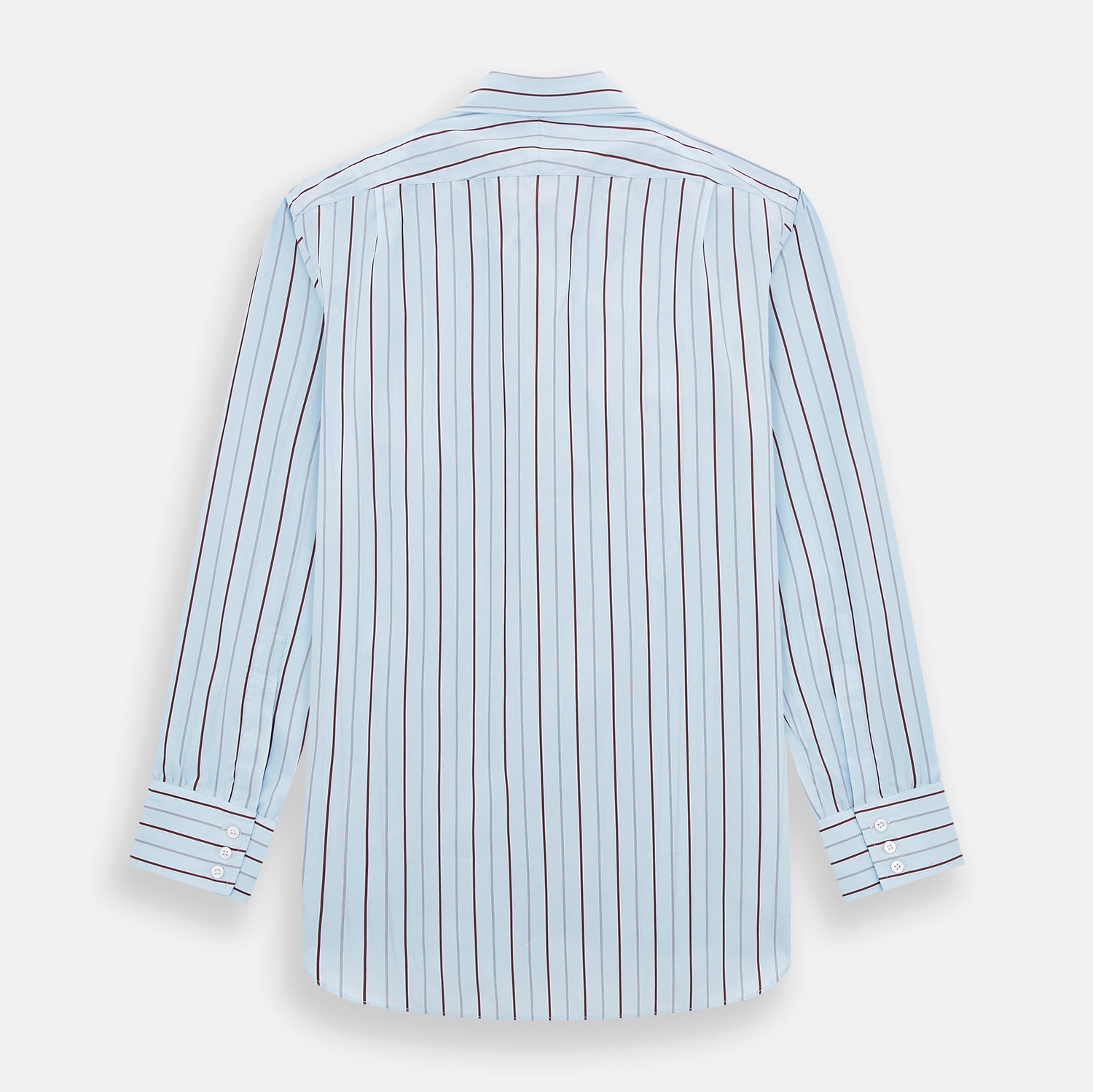 View 3 of product The Turnbull & Asser Burgundy Wide Pinstripe Mayfair Shirt features a collared, long-sleeve design with bold vertical stripes, crafted in the refined Mayfair fit and displayed on a plain white background.
