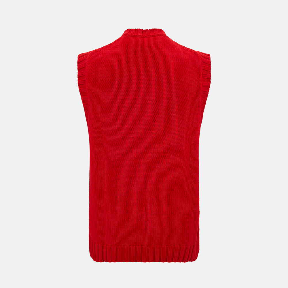 The Turnbull & Asser Red Merino V-Neck Sleeveless Cardigan features a ribbed collar, button front, and two front pockets—a refined lightweight layer—shown against a plain white background.