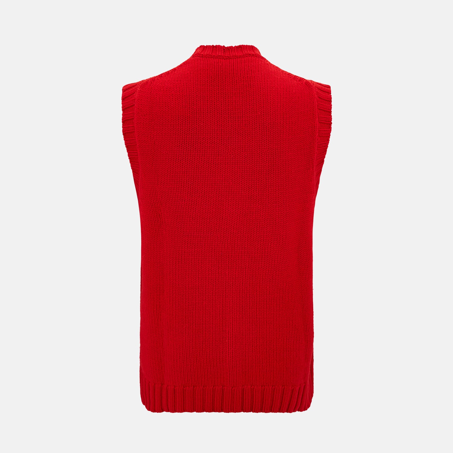 View 3 of product The Turnbull & Asser Red Merino V-Neck Sleeveless Cardigan features a ribbed collar, button front, and two front pockets—a refined lightweight layer—shown against a plain white background.