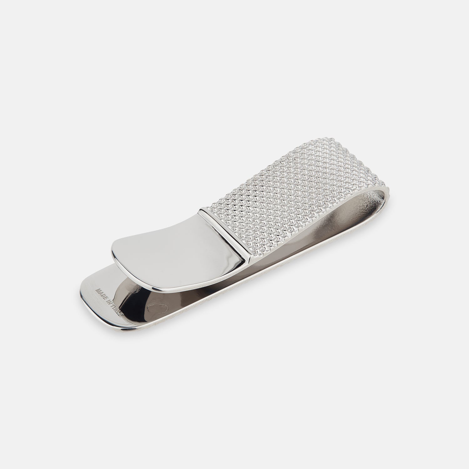 View 2 of product The Turnbull & Asser Silver Textured Money Clip features a diamond-patterned sterling silver surface, shown on a plain white background—a sophisticated accessory for keeping bills organized in style.