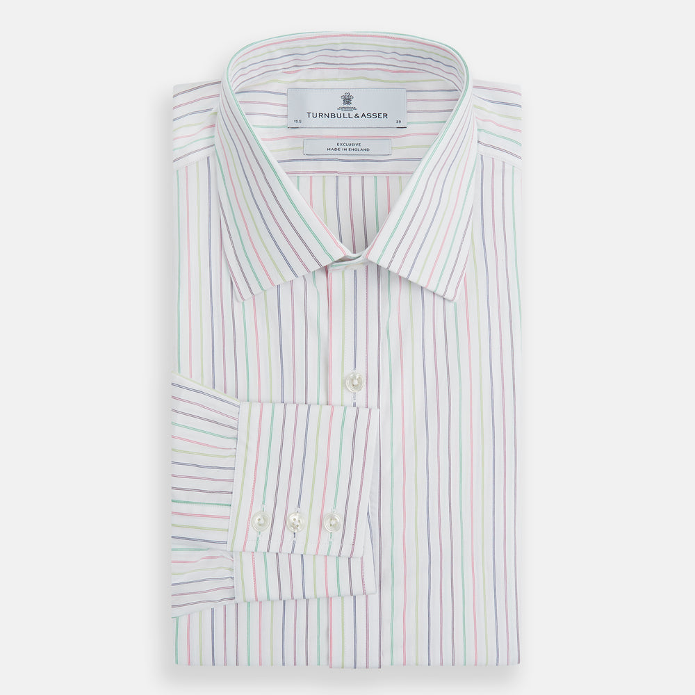 The Turnbull & Asser Multicoloured Double Pinstripe Mayfair Shirt, made from organic cotton, features thin blue, green, and pink stripes on white and is displayed laid flat on a white surface.