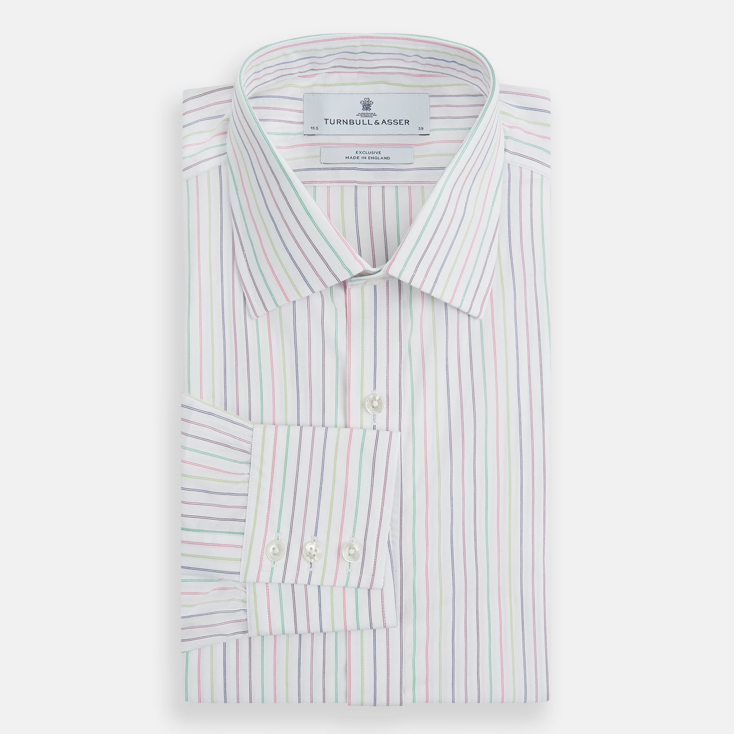 View 5 of product The Turnbull & Asser Multicoloured Double Pinstripe Mayfair Shirt, made from organic cotton, features thin blue, green, and pink stripes on white and is displayed laid flat on a white surface.