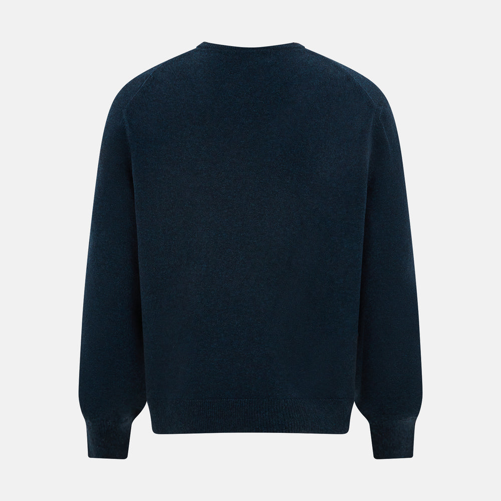 The Turnbull & Asser Dark Green Melange Cashmere V-neck Jumper features long sleeves, ribbed cuffs and hem—an essential piece of classic knitwear displayed on a white background.