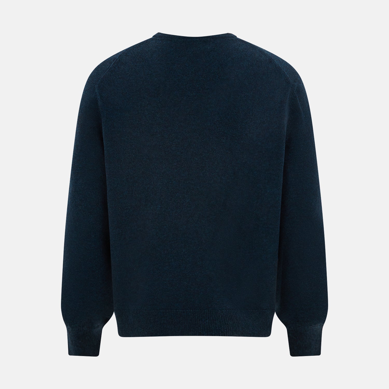 View 3 of product The Turnbull & Asser Dark Green Melange Cashmere V-neck Jumper features long sleeves, ribbed cuffs and hem—an essential piece of classic knitwear displayed on a white background.