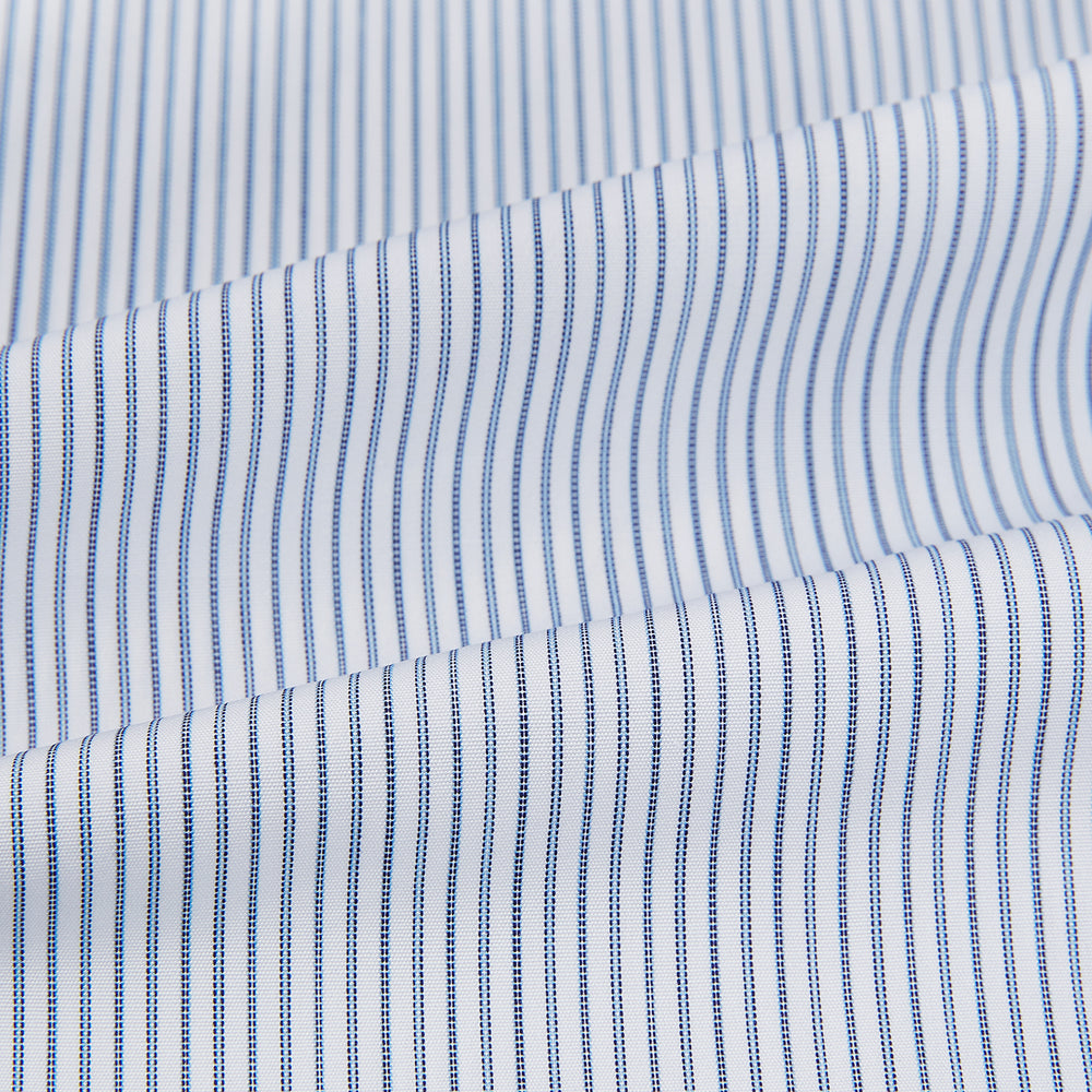 The Blue Ticking Pinstripe Mayfair Shirt by Turnbull & Asser features long sleeves, a button-down front, and classic T&A collar, shown on a plain white background.