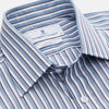 View 2 of product The Turnbull & Asser Blue and White Stripe Cotton Regular Fit Mayfair Shirt features long sleeves, a button-up front, collar, buttoned cuffs, and vertical stripes, shown on a white background.