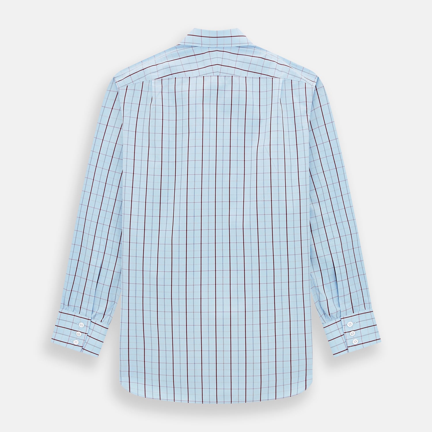 View 3 of product The Burgundy Multi Combination Check Mayfair Shirt by Turnbull & Asser features a classic check pattern and refined British craftsmanship, laid flat on a white background.