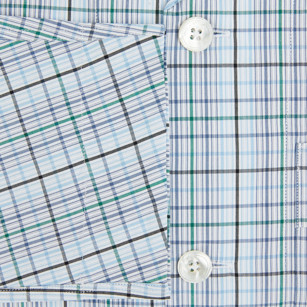 Turnbull & Asser’s Blue and Green Multi Check Pyjama Shirt features long sleeves and a button-up design with a blue and green plaid pattern—ideal for elegant loungewear or stylish nightwear.