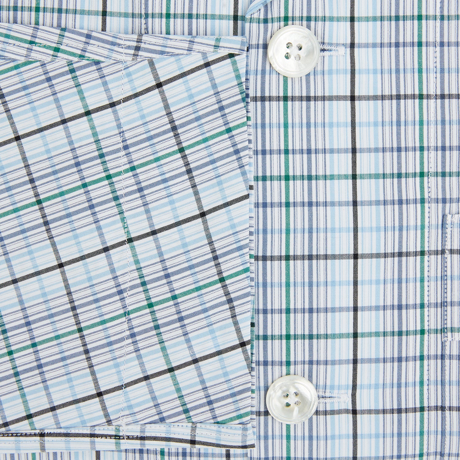 View 4 of product Turnbull & Asser’s Blue and Green Multi Check Pyjama Shirt features long sleeves and a button-up design with a blue and green plaid pattern—ideal for elegant loungewear or stylish nightwear.