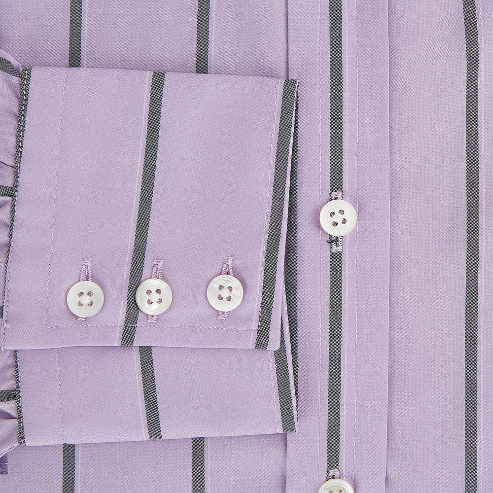 The Turnbull & Asser Lilac Track Stripe Mayfair Shirt is a long-sleeve Italian cotton shirt in light purple with dark lilac vertical stripes, shown laid flat on a white background.
