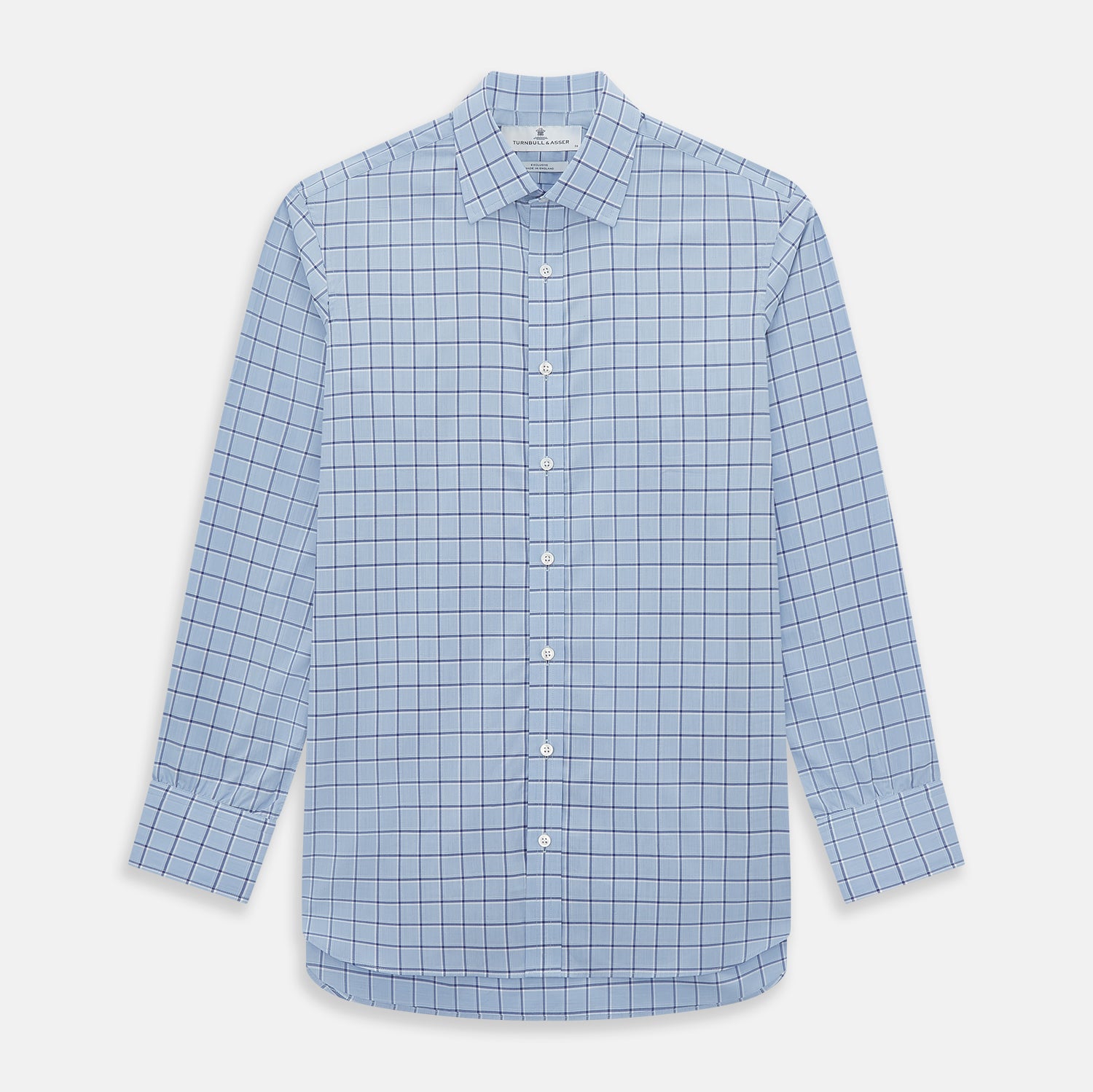 View 1 of product The Turnbull & Asser Blue and Navy Windowpane Mayfair Shirt features long sleeves, a T&A collar, buttoned cuffs, and Italian cotton in a blue and navy windowpane pattern, shown on a plain white background.