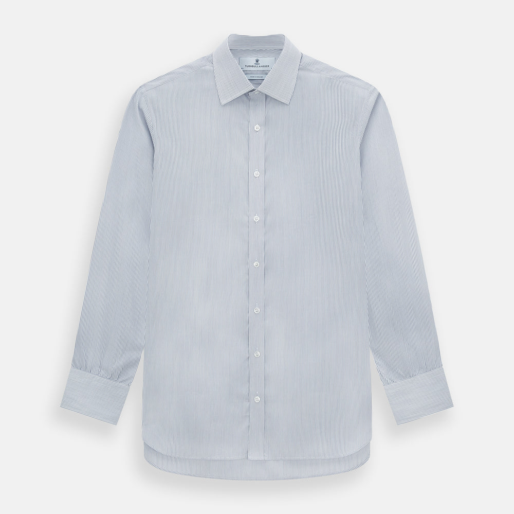 The Navy and White Ticking Stripe Mayfair Shirt by Turnbull & Asser features long sleeves, buttoned cuffs, a pointed T&A collar, and button-up front, shown on a plain white background.