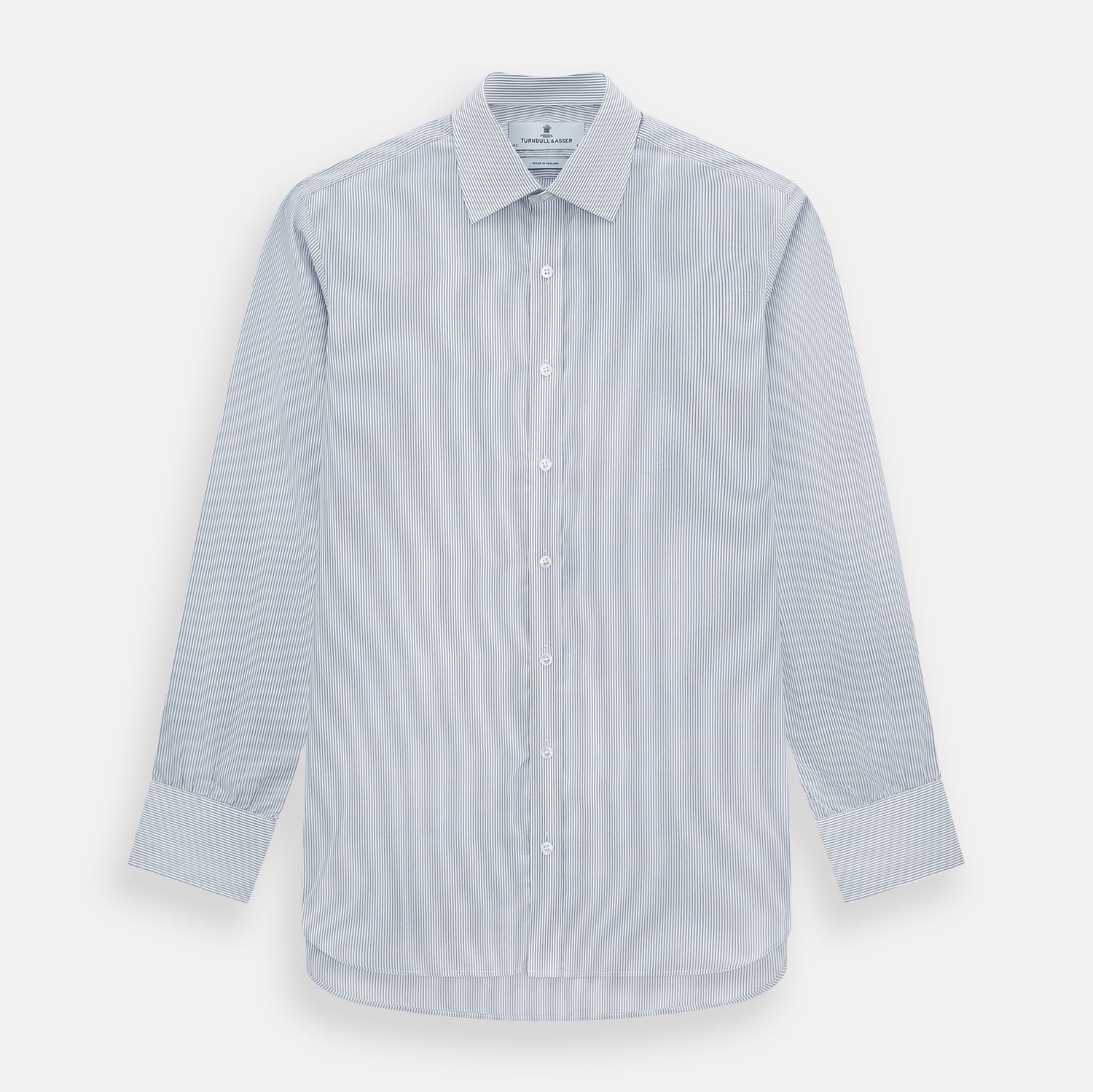 View 1 of product The Navy and White Ticking Stripe Mayfair Shirt by Turnbull & Asser features long sleeves, buttoned cuffs, a pointed T&A collar, and button-up front, shown on a plain white background.