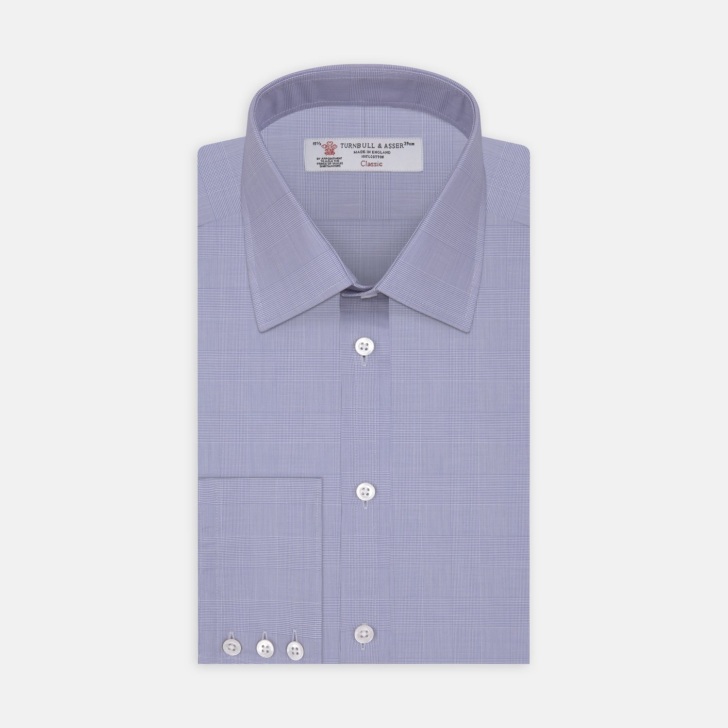 View 1 of product A Blue Prince of Wales Check Shirt by Turnbull & Asser, featuring a T&A collar and 3-button cuffs, is neatly folded and displayed on a plain white background.