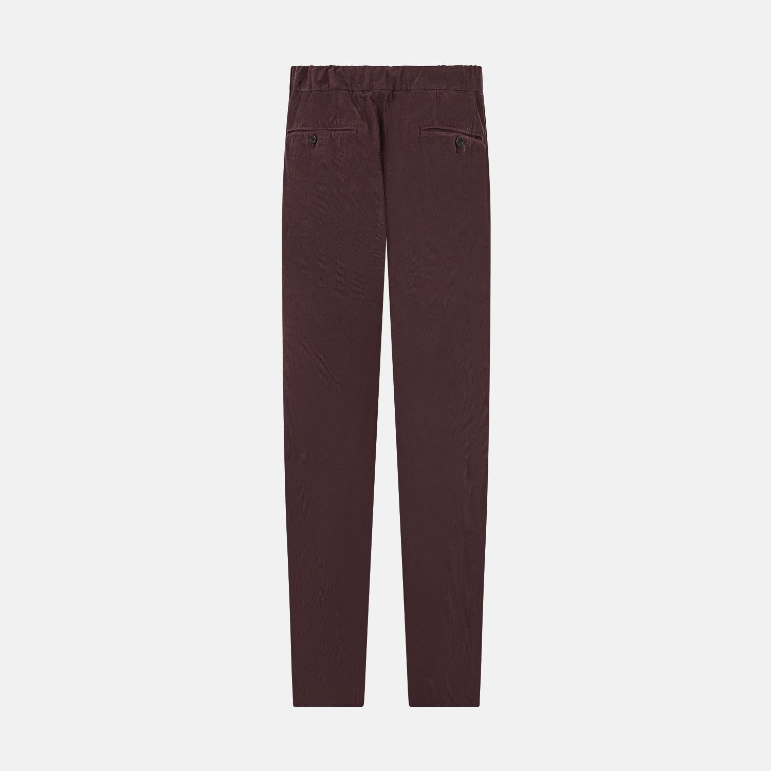 View 3 of product Turnbull & Asser Burgundy Corduroy Miles Trousers: high-waisted, straight-leg pants with an elasticated drawstring waist, shown on a white background.