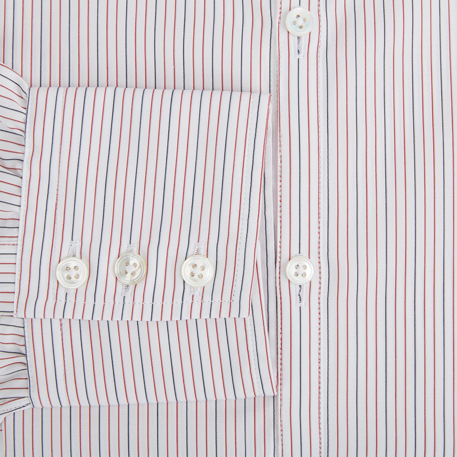 View 4 of product The Turnbull & Asser Red and Blue Ticking Stripe Westminster Shirt features long sleeves, a button-up front, pointed collar, and buttoned cuffs, highlighting British craftsmanship while laid flat on a white background.