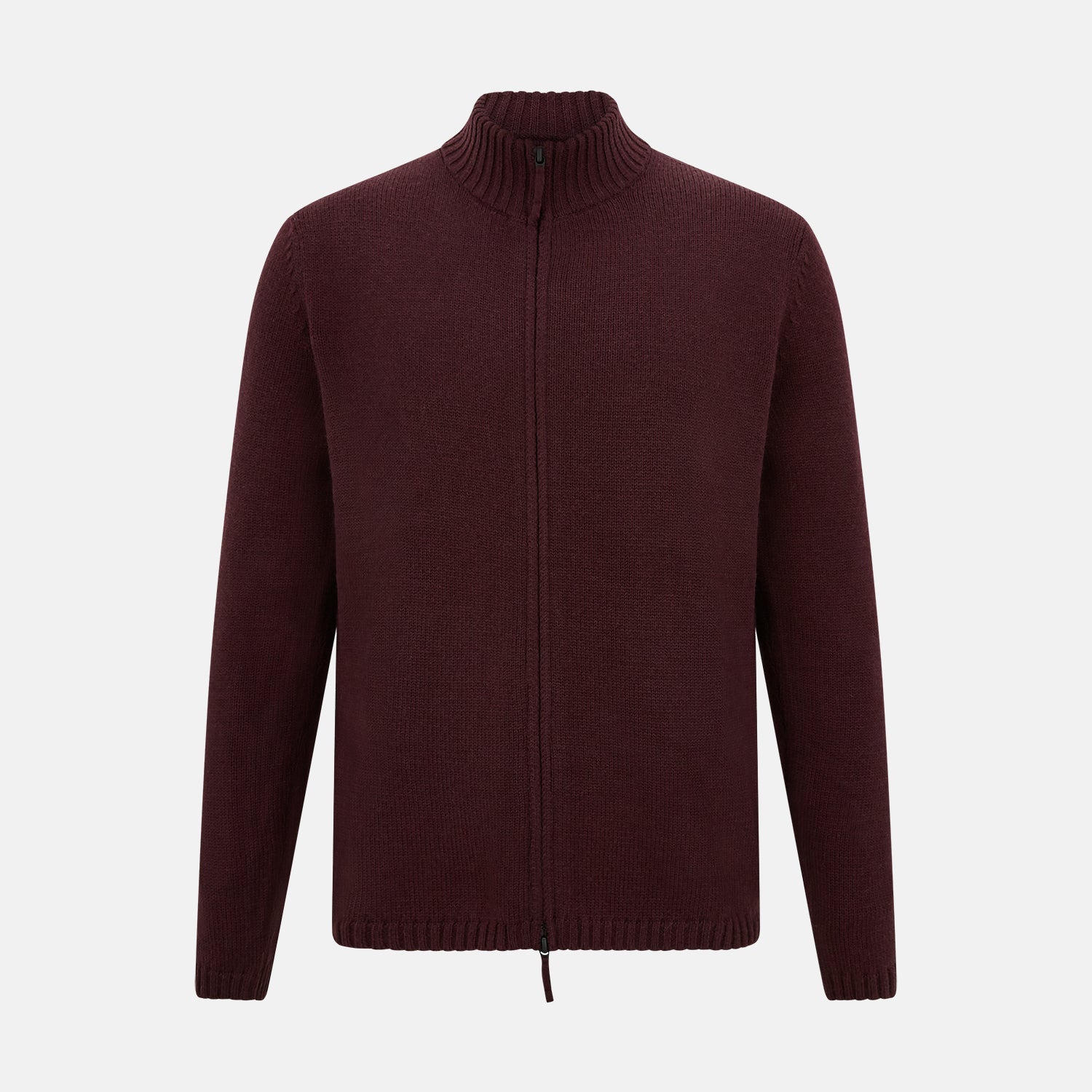 View 1 of product The Turnbull & Asser Burgundy Merino High Neck Zipped Cardigan features long sleeves, a zip-up front, and ribbed collar, cuffs, and hem, crafted from soft merino knitwear and shown on a white background.