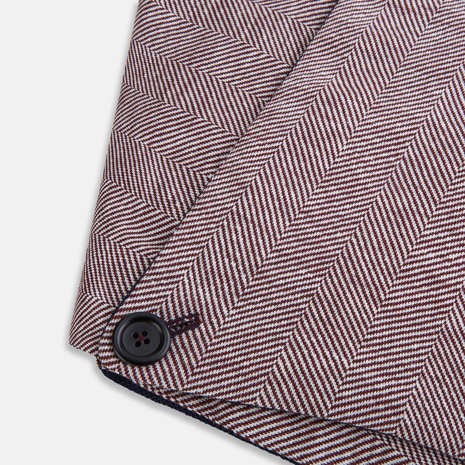 View 4 of product The Turnbull & Asser Burgundy Herringbone Silk and Linen Neck Warmer features a rich herringbone pattern, dark lining, and button closure, shown on a white background—a refined formal accessory.