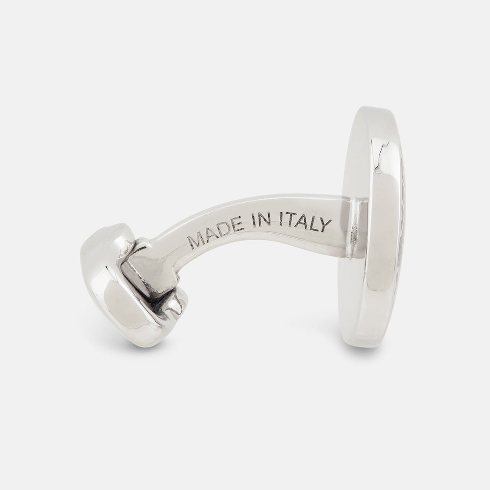 Turnbull & Asser Blue Lattice Circle Cufflinks: sterling silver round cufflinks with a navy blue and white square pattern, shown on a plain white background.