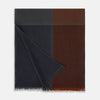 View 3 of product The Turnbull & Asser Brown and Navy Cashmere Scarf features a long, rectangular shape, color block design, soft texture, and lightly frayed edges, elegantly folded on a plain white background.