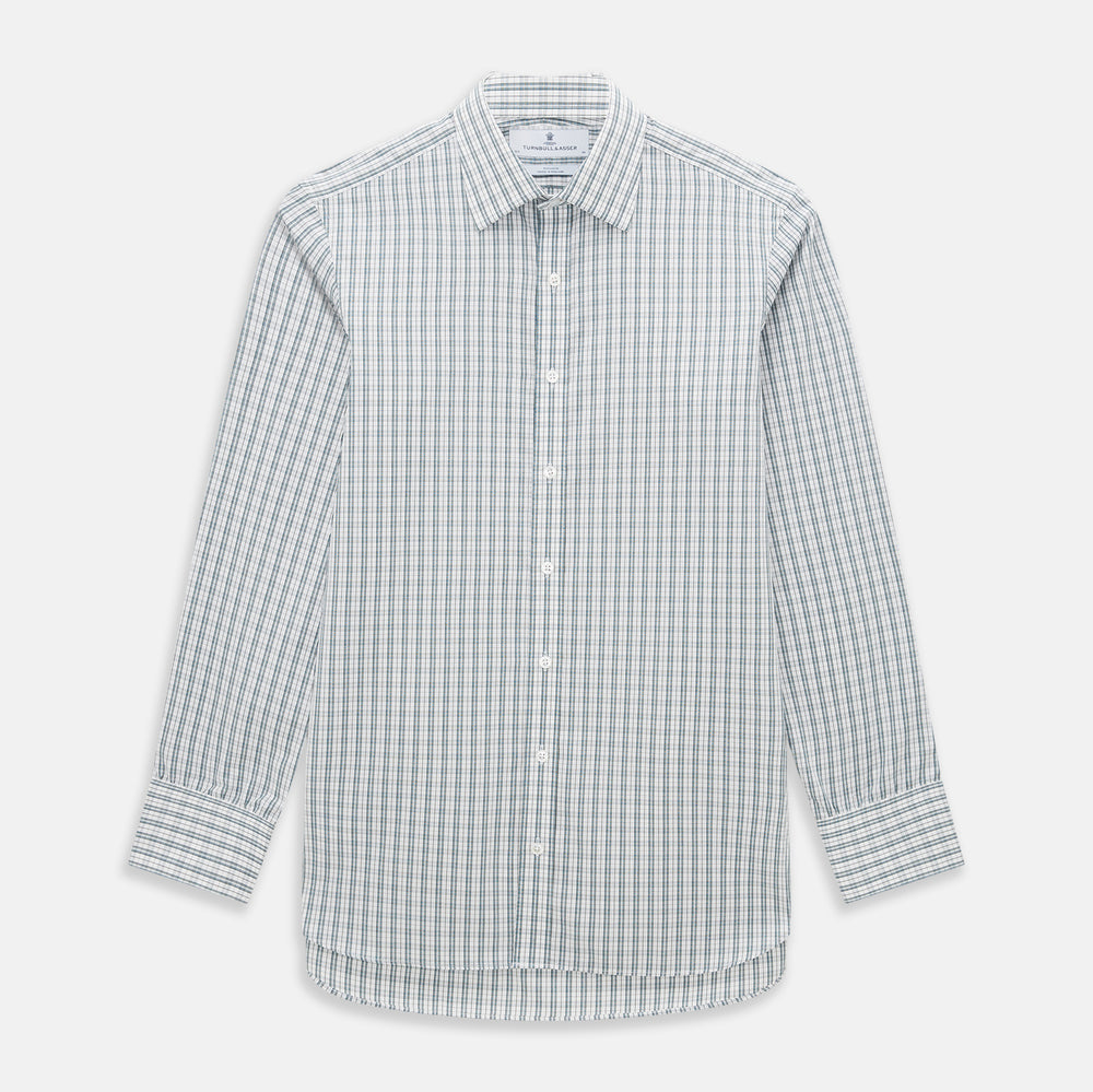 The Turnbull & Asser Forest Green Multi Check Mayfair Shirt is a long-sleeve button-up crafted from premium Italian cotton, featuring a blue and forest green check on white, with a pointed collar and buttoned cuffs.