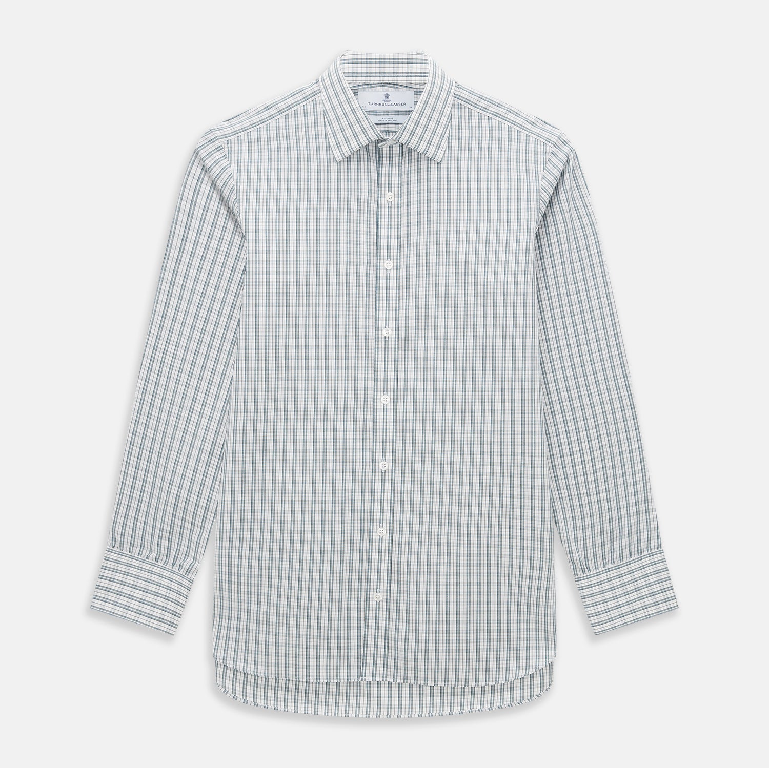 View 1 of product The Turnbull & Asser Forest Green Multi Check Mayfair Shirt is a long-sleeve button-up crafted from premium Italian cotton, featuring a blue and forest green check on white, with a pointed collar and buttoned cuffs.