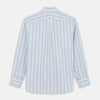View 6 of product The Turnbull & Asser Blue Multi Stripe Wool Blend Weekend Fit Hayne Shirt features vertical blue, yellow, and white stripes, a button-down collar, and buttoned cuffs. Laid flat on a white background.