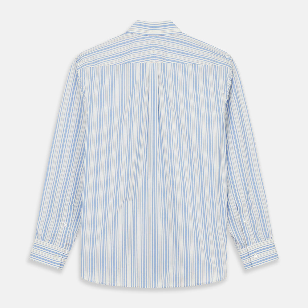 The Turnbull & Asser Blue Multi Stripe Wool Blend Weekend Fit Hayne Shirt features vertical blue, yellow, and white stripes, a button-down collar, and buttoned cuffs. Laid flat on a white background.
