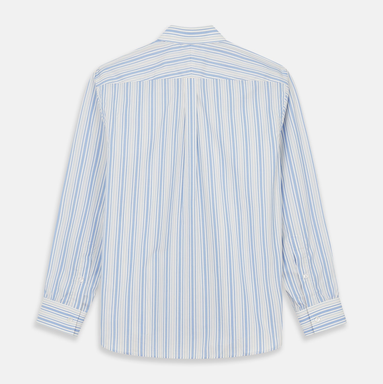 View 6 of product The Turnbull & Asser Blue Multi Stripe Wool Blend Weekend Fit Hayne Shirt features vertical blue, yellow, and white stripes, a button-down collar, and buttoned cuffs. Laid flat on a white background.