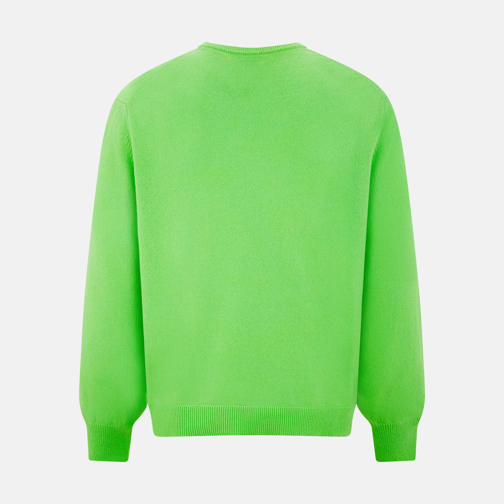 The Turnbull & Asser Bright Green Cashmere V-Neck Jumper features long sleeves with ribbed cuffs and hem—a vibrant addition to your knitwear collection, shown on a plain white background.