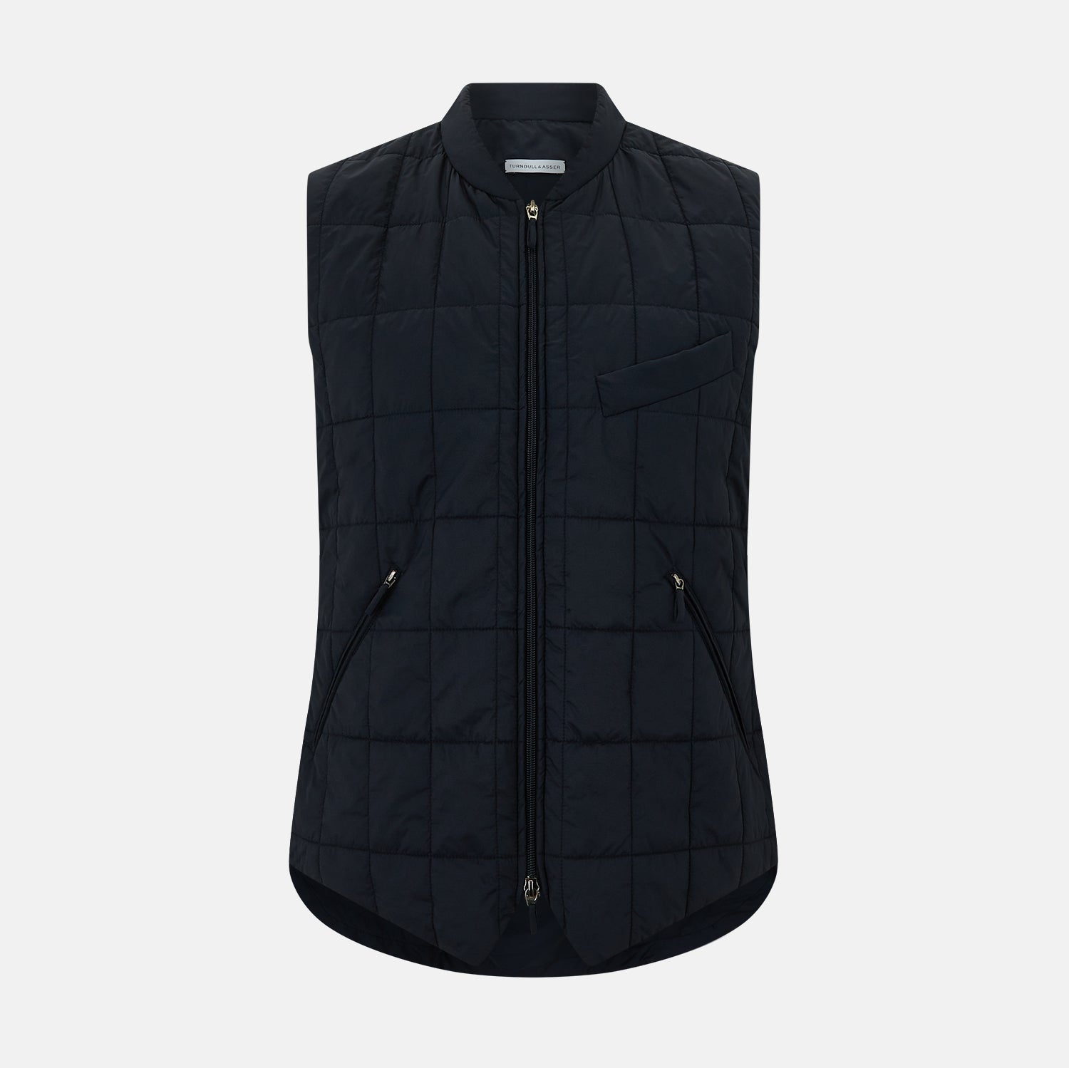 View 1 of product The Turnbull & Asser Navy Quilted Gilet is sleeveless and lightweight, with a front zipper, zippered side pockets, chest pocket, and rounded hem—ideal for versatile layering. Shown on a plain white background.