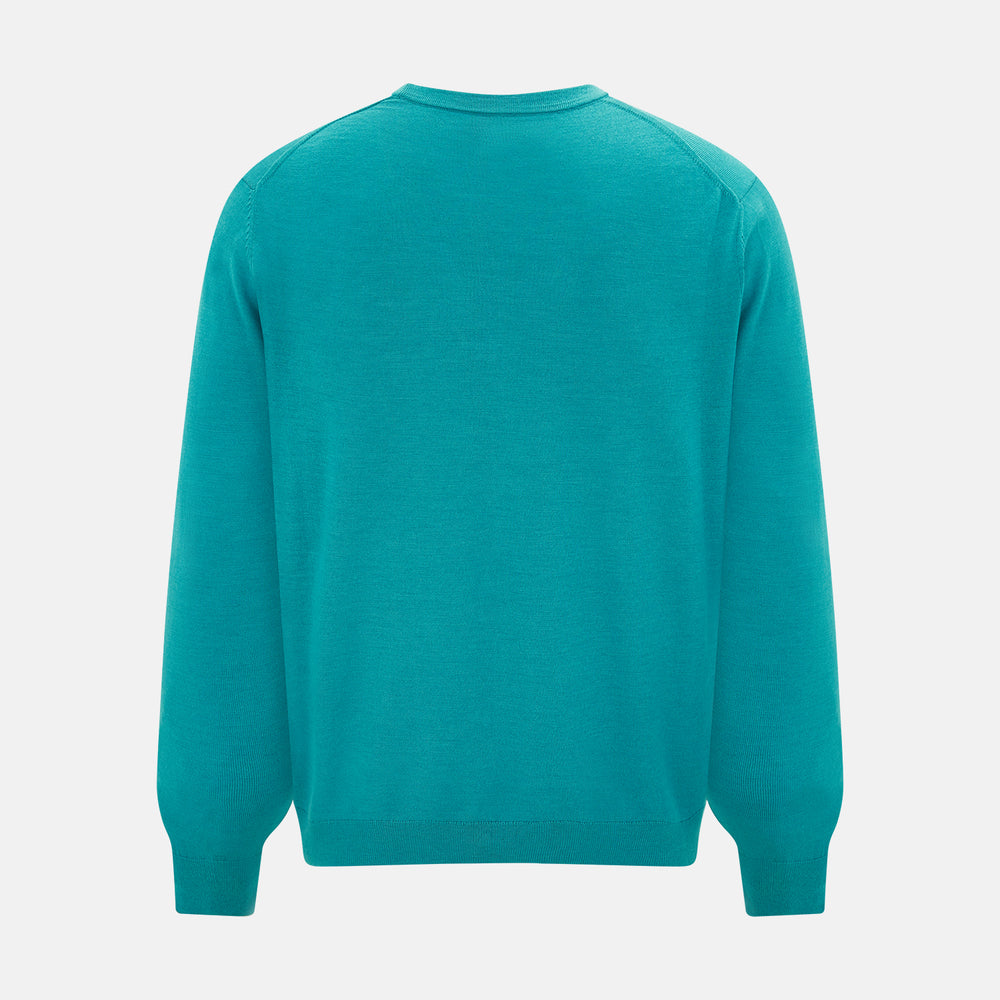 The Turnbull & Asser Turquoise Fine Merino V-Neck Cardigan features long sleeves, ribbed cuffs and hem, and black buttons, showcased against a plain white background.