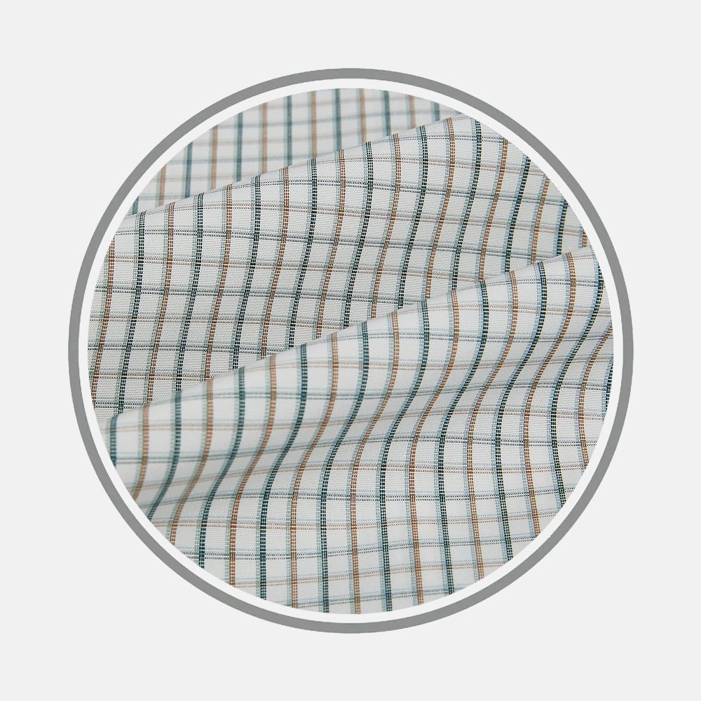 Close-up of Turnbull & Asser's Green/Brown Tattersall Check Fabric, showcasing its white base with fine green and brown checkered lines, displayed within a circular frame against a light background.