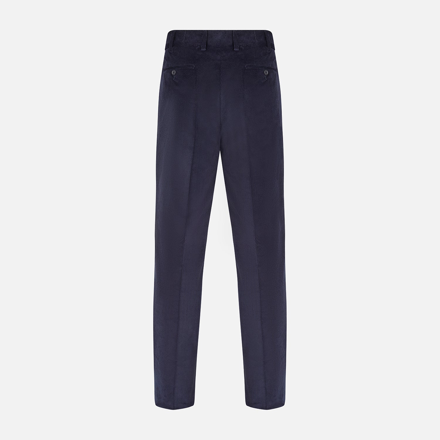 View 3 of product Turnbull & Asser’s Navy Corduroy Edward Trousers feature a straight-leg cut, button closure, and side pockets, shown on a plain white background.