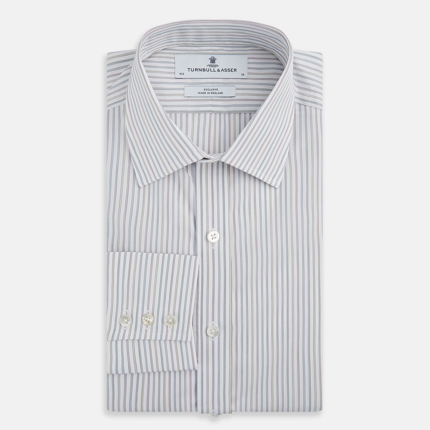 View 5 of product The Turnbull & Asser Multicoloured Music Stripe Mayfair Shirt features thin blue and white vertical stripes, a classic T&A collar, and buttoned cuffs, shown laid flat on a white background.