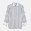 View 1 of product Turnbull & Asser's Beige Multi Stripe Cotton Regular Fit Penrose Shirt features blue, beige, and white vertical stripes with a crisp white collar and cuffs. Displayed on a plain background.