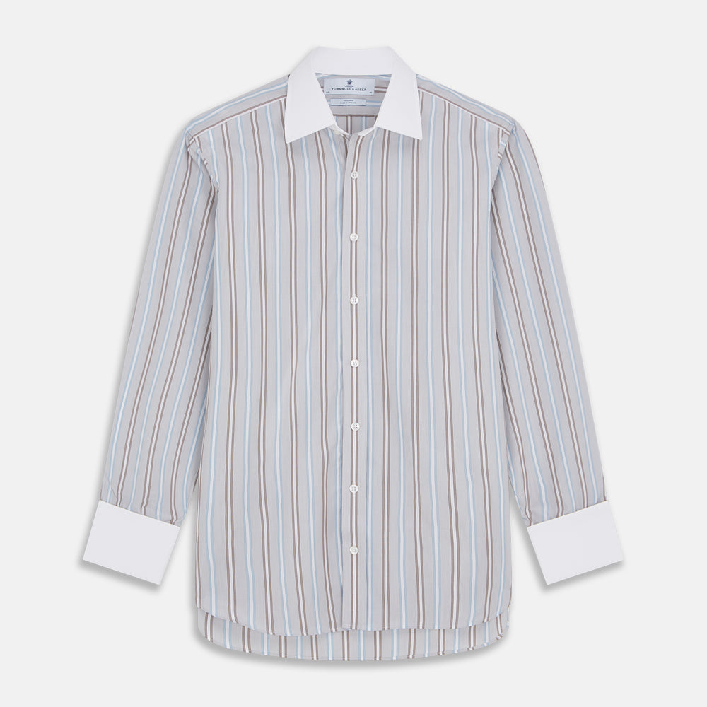 Turnbull & Asser's Beige Multi Stripe Cotton Regular Fit Penrose Shirt features blue, beige, and white vertical stripes with a crisp white collar and cuffs. Displayed on a plain background.
