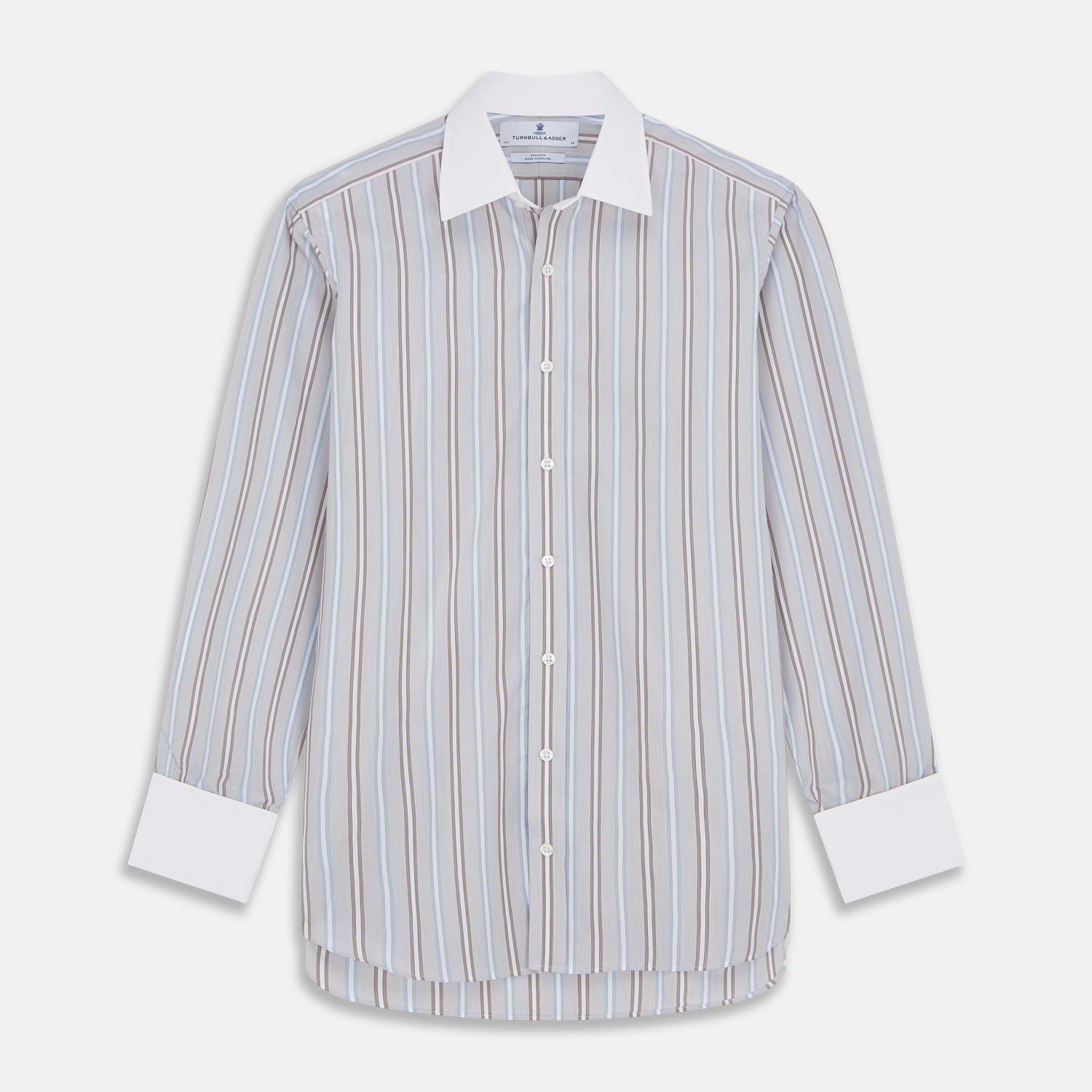 View 1 of product Turnbull & Asser's Beige Multi Stripe Cotton Regular Fit Penrose Shirt features blue, beige, and white vertical stripes with a crisp white collar and cuffs. Displayed on a plain background.