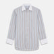 Turnbull & Asser's Beige Multi Stripe Cotton Regular Fit Penrose Shirt features blue, beige, and white vertical stripes with a crisp white collar and cuffs. Displayed on a plain background.