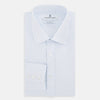 View 4 of product The Turnbull & Asser Blue and White Micro Check Mayfair Shirt features a pointed collar and white buttons, shown flat against a white background.