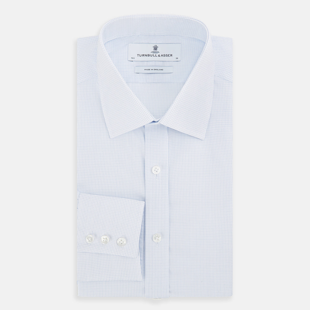 The Turnbull & Asser Blue and White Micro Check Mayfair Shirt features a pointed collar and white buttons, shown flat against a white background.