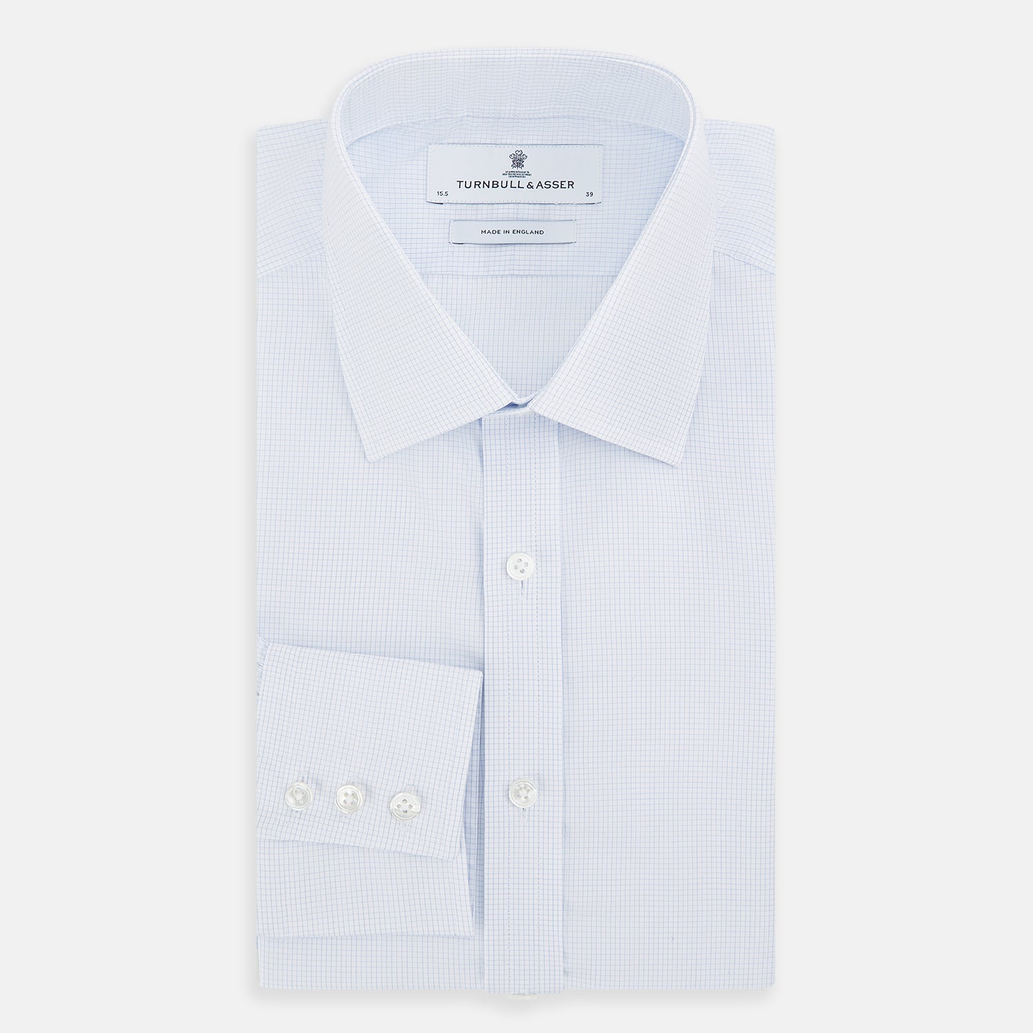 View 4 of product The Turnbull & Asser Blue and White Micro Check Mayfair Shirt features a pointed collar and white buttons, shown flat against a white background.