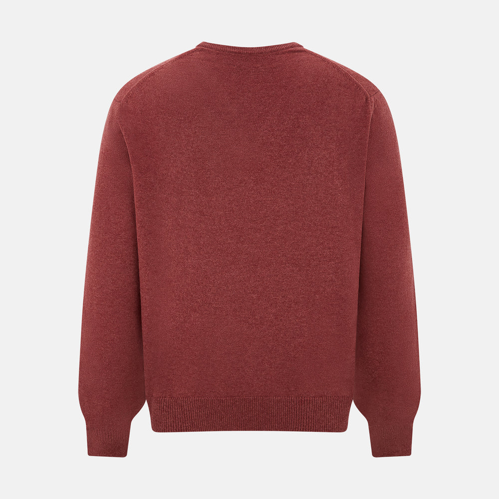 The Turnbull & Asser Burgundy Crew V-Neck Cashmere Jumper is a long-sleeve knitwear piece with ribbed cuffs, hem, and neckline, shown on a white background.