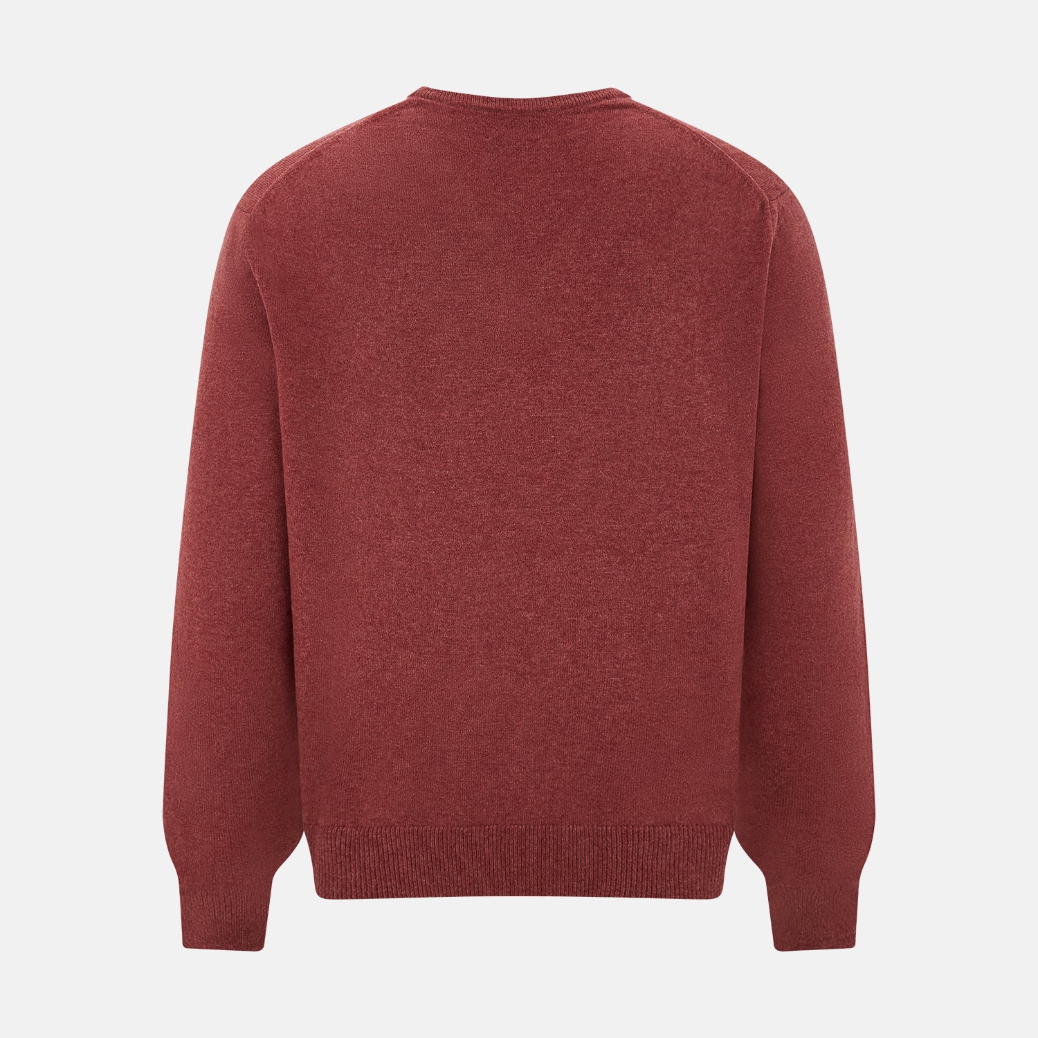 View 3 of product The Turnbull & Asser Burgundy Crew V-Neck Cashmere Jumper is a long-sleeve knitwear piece with ribbed cuffs, hem, and neckline, shown on a white background.