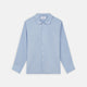 The Turnbull & Asser Slate Blue Chambray Holiday Fit Fellows Shirt features long sleeves and a classic collar, laid flat on a white background—a versatile summer piece for any occasion.